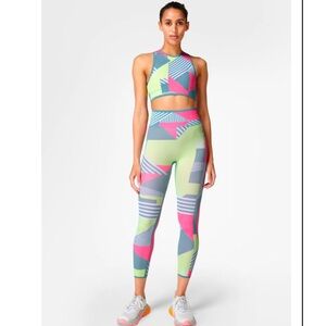 Sweaty Betty Interval High Waisted 7/8 Leggings- PINK BLOCK PRINT